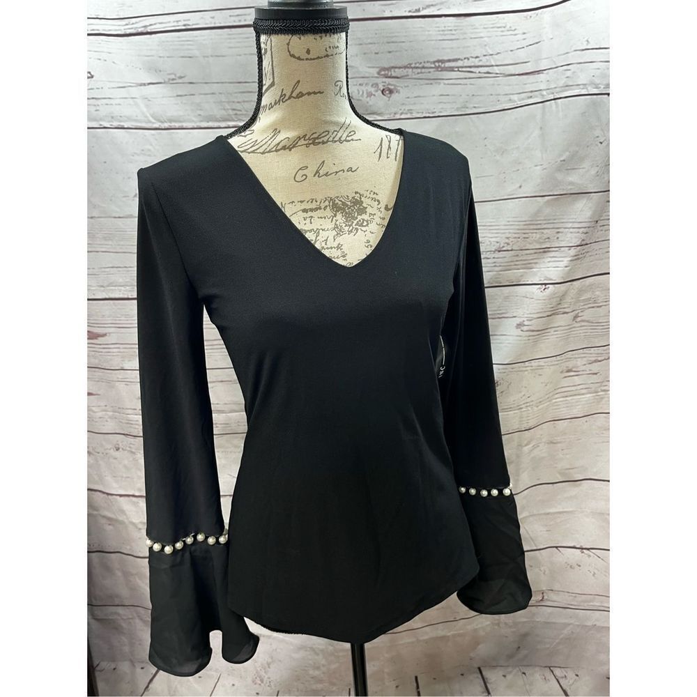 INC Black Bell Sleeve Pearl Embellished V Neck Top Size Small